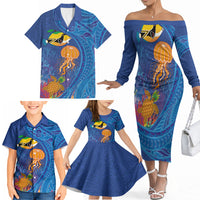 Hawaiian Funny Fruits Sea Animals Family Matching Off The Shoulder Long Sleeve Dress and Hawaiian Shirt Mango Reef Triggerfish and Pineapple Turtle and Mandarin Jellyfish LT03 - Polynesian Pride