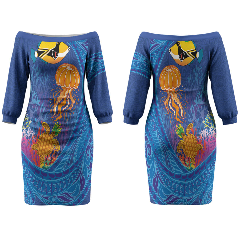 Hawaiian Funny Fruits Sea Animals Family Matching Off The Shoulder Long Sleeve Dress and Hawaiian Shirt Mango Reef Triggerfish and Pineapple Turtle and Mandarin Jellyfish LT03 Mom's Dress Blue - Polynesian Pride