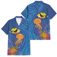Hawaiian Funny Fruits Sea Animals Family Matching Off The Shoulder Long Sleeve Dress and Hawaiian Shirt Mango Reef Triggerfish and Pineapple Turtle and Mandarin Jellyfish LT03 Dad's Shirt - Short Sleeve Blue - Polynesian Pride