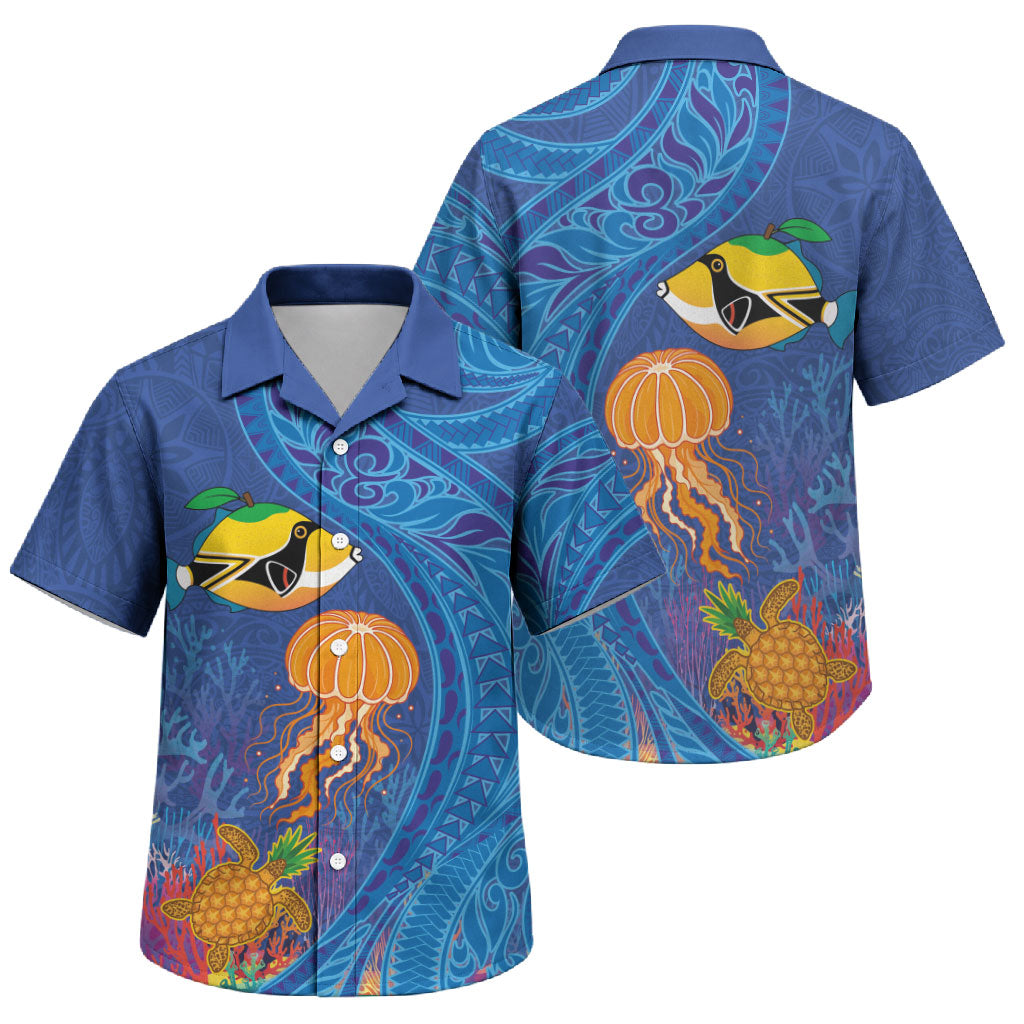 Hawaiian Funny Fruits Sea Animals Family Matching Off Shoulder Maxi Dress and Hawaiian Shirt Mango Reef Triggerfish and Pineapple Turtle and Mandarin Jellyfish LT03 Son's Shirt Blue - Polynesian Pride
