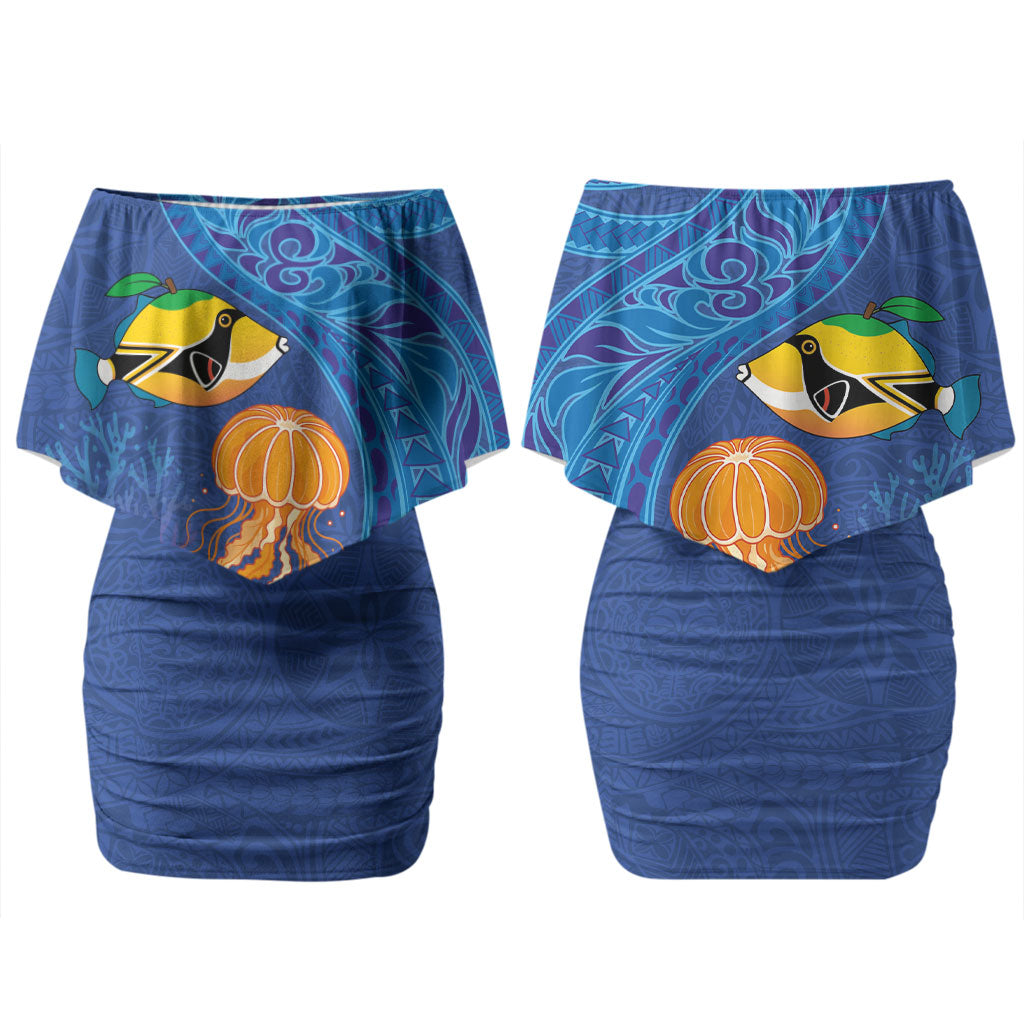 Hawaiian Funny Fruits Sea Animals Family Matching Off Shoulder Short Dress and Hawaiian Shirt Mango Reef Triggerfish and Pineapple Turtle and Mandarin Jellyfish LT03 Mom's Dress Blue - Polynesian Pride