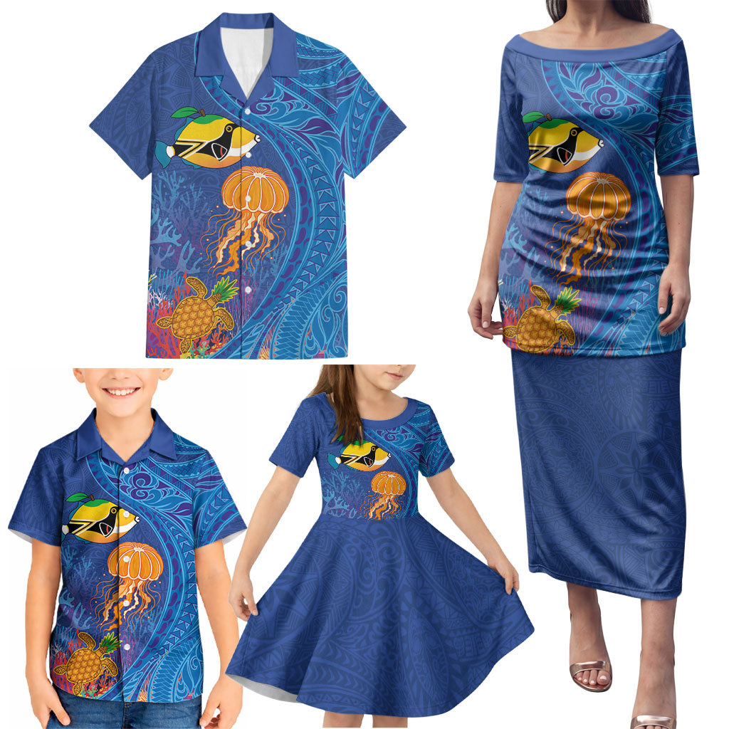 Hawaiian Funny Fruits Sea Animals Family Matching Puletasi and Hawaiian Shirt Mango Reef Triggerfish and Pineapple Turtle and Mandarin Jellyfish LT03 - Polynesian Pride