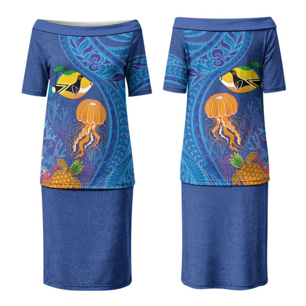 Hawaiian Funny Fruits Sea Animals Family Matching Puletasi and Hawaiian Shirt Mango Reef Triggerfish and Pineapple Turtle and Mandarin Jellyfish LT03 Mom's Dress Blue - Polynesian Pride