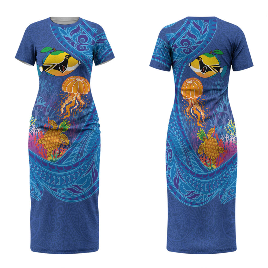 Hawaiian Funny Fruits Sea Animals Family Matching Short Sleeve Bodycon Dress and Hawaiian Shirt Mango Reef Triggerfish and Pineapple Turtle and Mandarin Jellyfish LT03 Mom's Dress Blue - Polynesian Pride