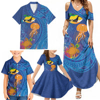 Hawaiian Funny Fruits Sea Animals Family Matching Summer Maxi Dress and Hawaiian Shirt Mango Reef Triggerfish and Pineapple Turtle and Mandarin Jellyfish LT03 - Polynesian Pride