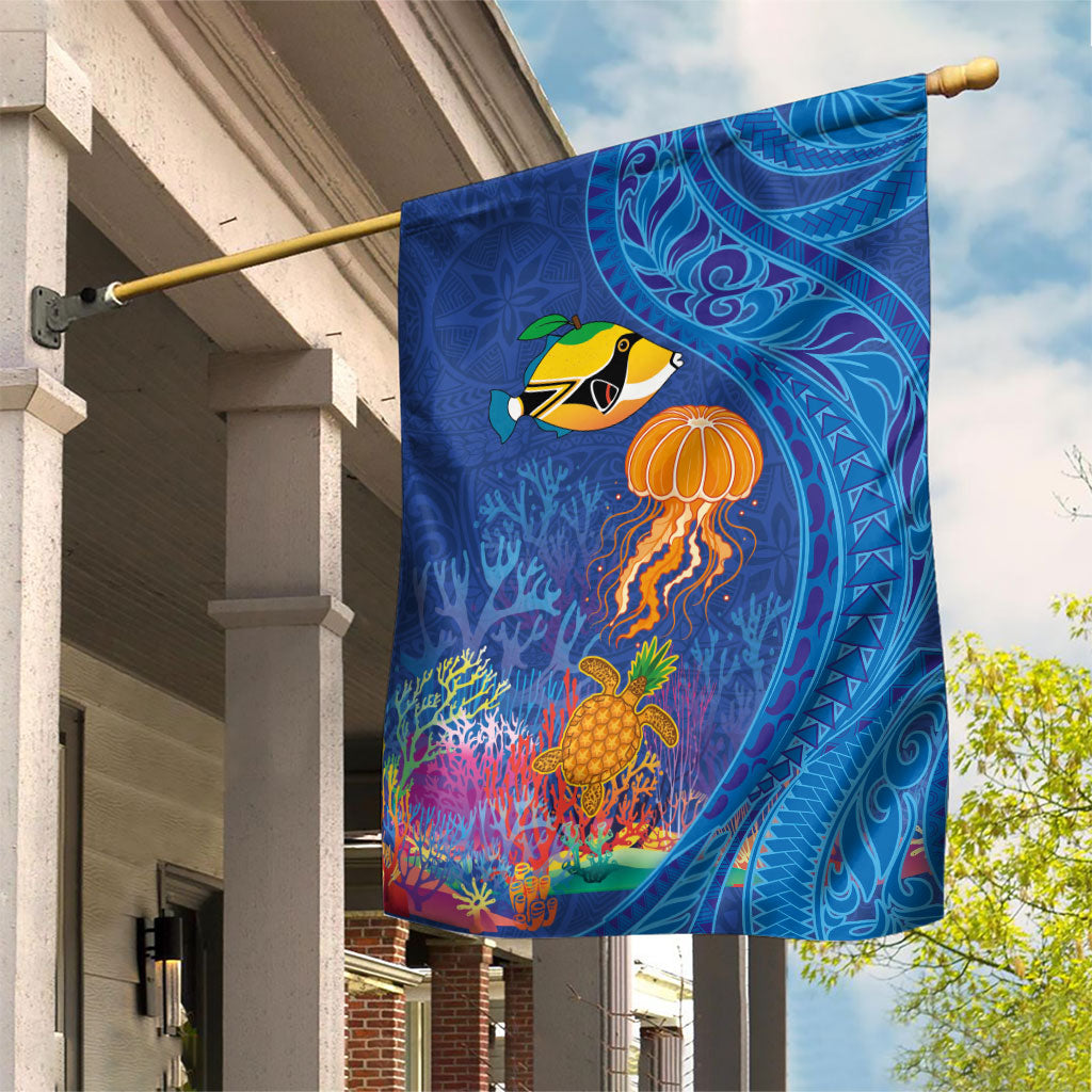 Hawaiian Funny Fruits Sea Animals Garden Flag Mango Reef Triggerfish and Pineapple Turtle and Mandarin Jellyfish LT03 House Flag Blue - Polynesian Pride