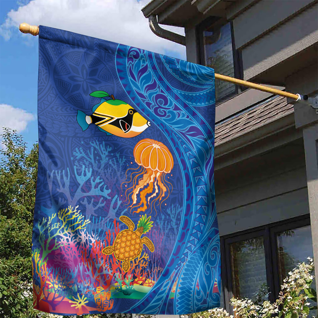 Hawaiian Funny Fruits Sea Animals Garden Flag Mango Reef Triggerfish and Pineapple Turtle and Mandarin Jellyfish LT03 - Polynesian Pride