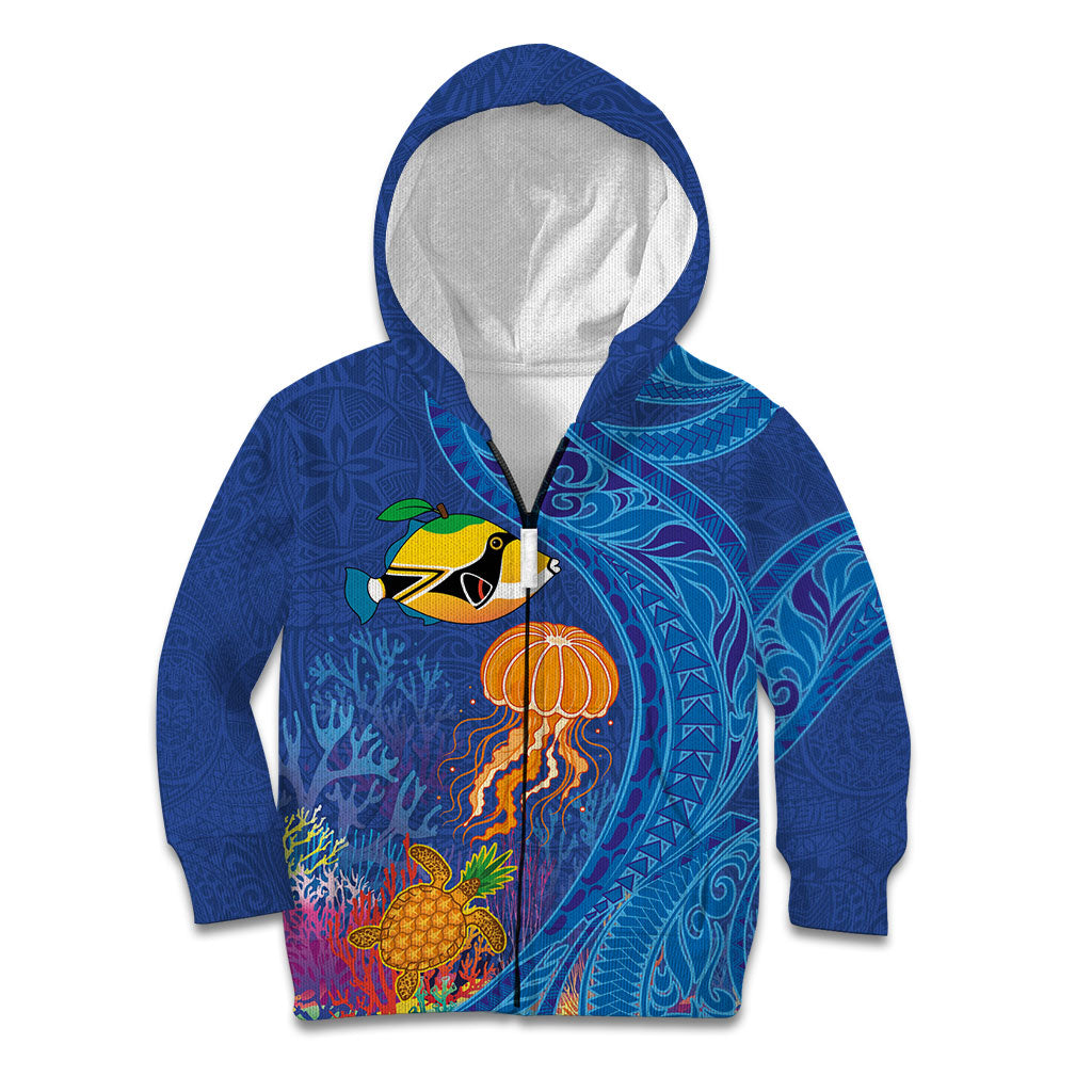 Hawaiian Funny Fruits Sea Animals Kid Hoodie Mango Reef Triggerfish and Pineapple Turtle and Mandarin Jellyfish LT03 Zip Hoodie Blue - Polynesian Pride