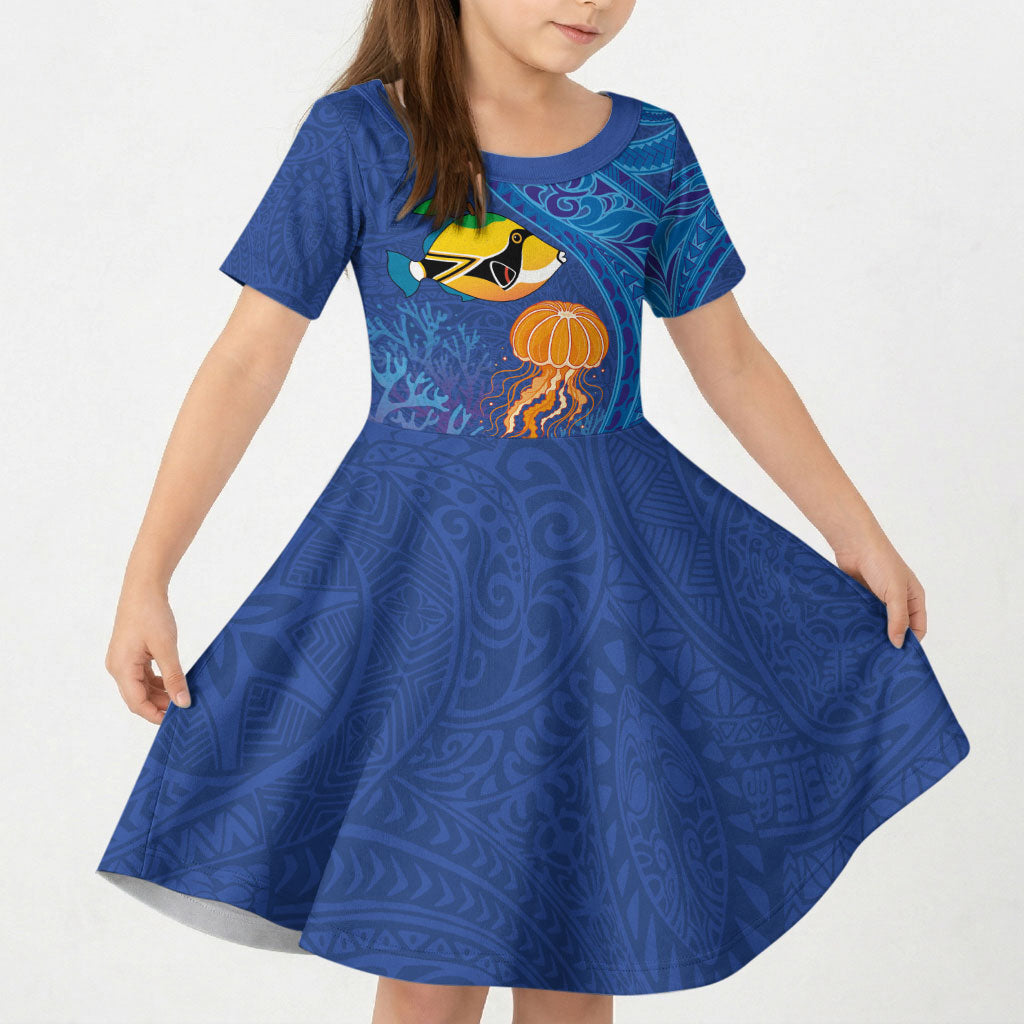 Hawaiian Funny Fruits Sea Animals Kid Short Sleeve Dress Mango Reef Triggerfish and Pineapple Turtle and Mandarin Jellyfish