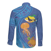 Hawaiian Funny Fruits Sea Animals Long Sleeve Button Shirt Mango Reef Triggerfish and Pineapple Turtle and Mandarin Jellyfish LT03 - Polynesian Pride