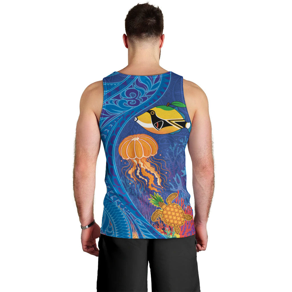 Hawaiian Funny Fruits Sea Animals Men Tank Top Mango Reef Triggerfish and Pineapple Turtle and Mandarin Jellyfish