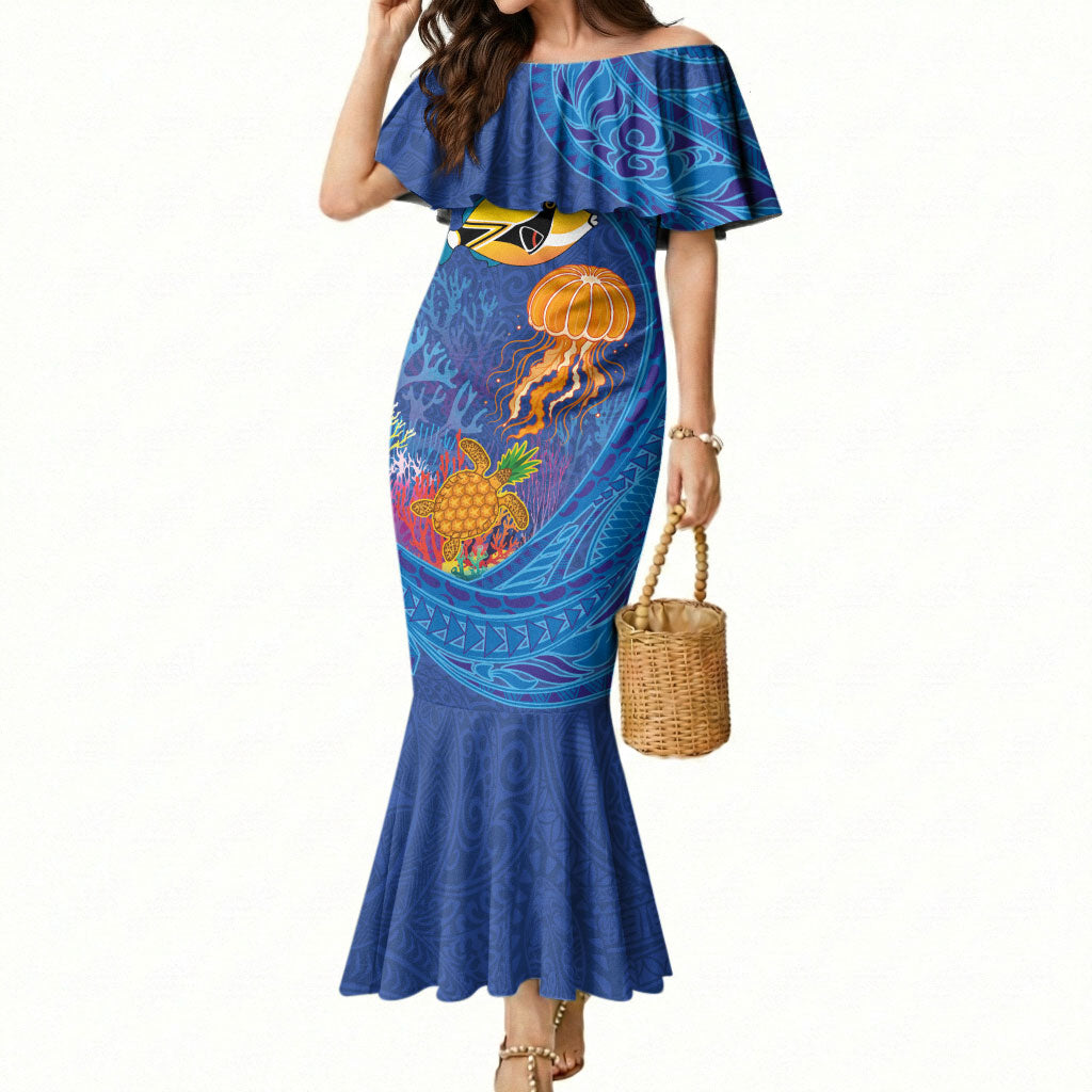 Hawaiian Funny Fruits Sea Animals Mermaid Dress Mango Reef Triggerfish and Pineapple Turtle and Mandarin Jellyfish LT03 Women Blue - Polynesian Pride