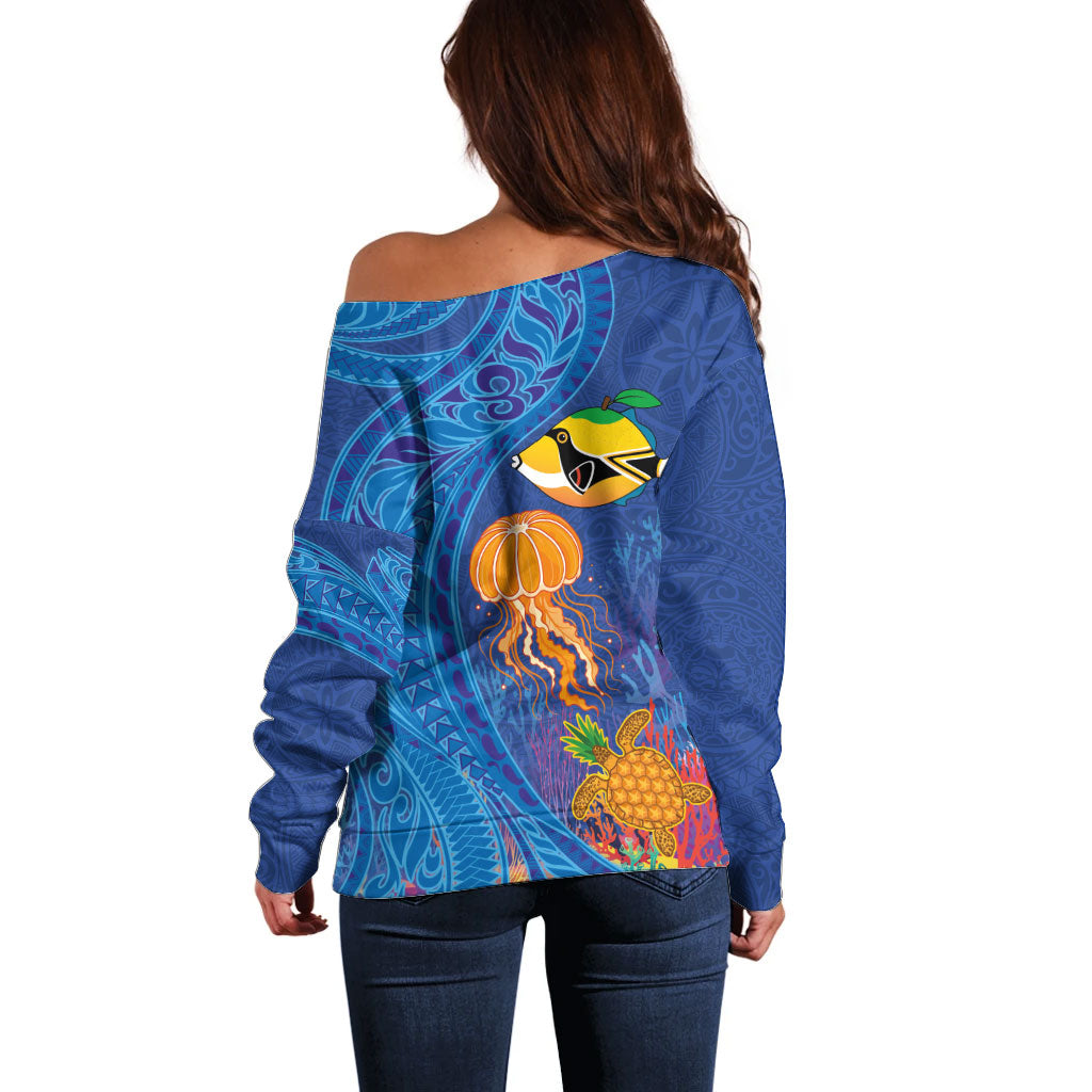 Hawaiian Funny Fruits Sea Animals Off Shoulder Sweater Mango Reef Triggerfish and Pineapple Turtle and Mandarin Jellyfish LT03 - Polynesian Pride