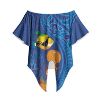 Hawaiian Funny Fruits Sea Animals Off Shoulder Wrap Waist Top Mango Reef Triggerfish and Pineapple Turtle and Mandarin Jellyfish