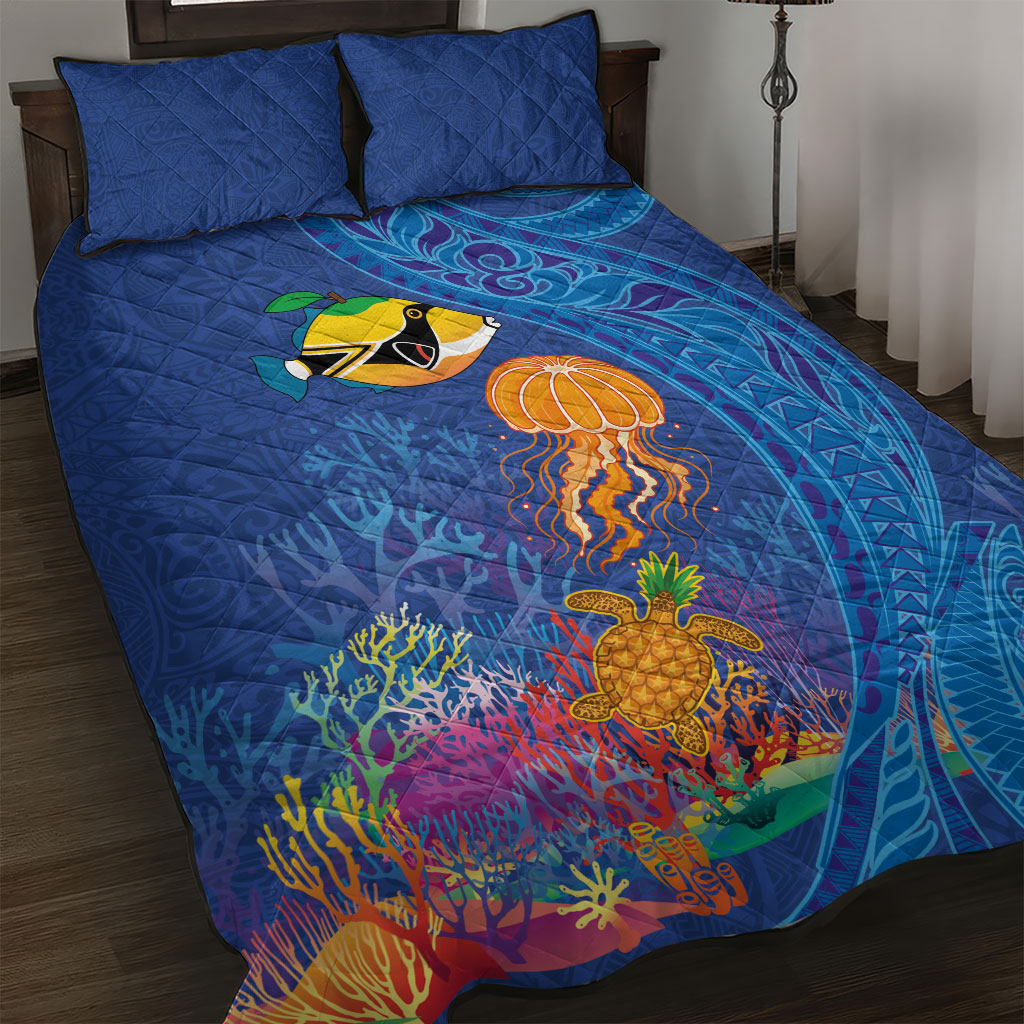 Hawaiian Funny Fruits Sea Animals Quilt Bed Set Mango Reef Triggerfish and Pineapple Turtle and Mandarin Jellyfish LT03 Blue - Polynesian Pride