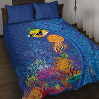 Hawaiian Funny Fruits Sea Animals Quilt Bed Set Mango Reef Triggerfish and Pineapple Turtle and Mandarin Jellyfish LT03 Blue - Polynesian Pride