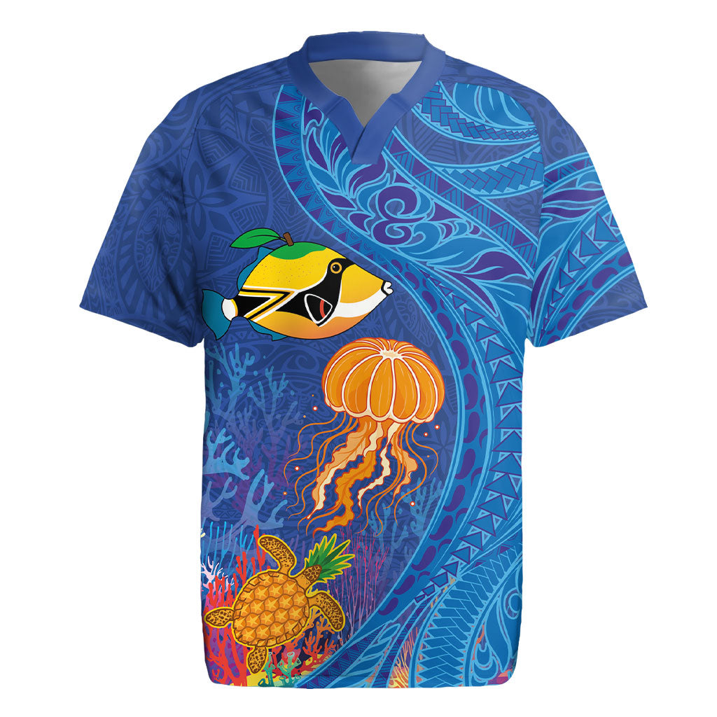 Hawaiian Funny Fruits Sea Animals Rugby Jersey Mango Reef Triggerfish and Pineapple Turtle and Mandarin Jellyfish