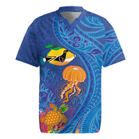 Hawaiian Funny Fruits Sea Animals Rugby Jersey Mango Reef Triggerfish and Pineapple Turtle and Mandarin Jellyfish LT03 Blue - Polynesian Pride