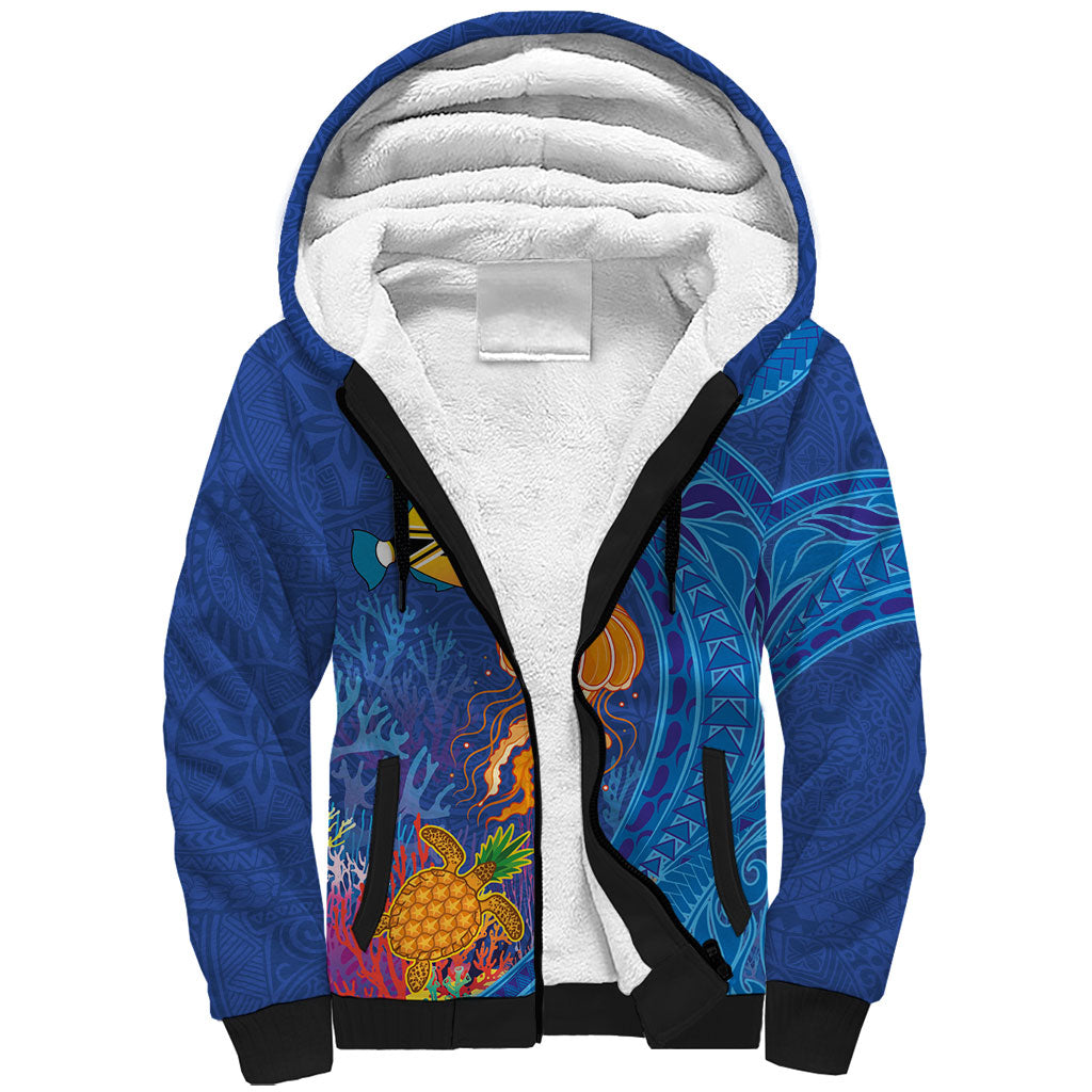 Hawaiian Funny Fruits Sea Animals Sherpa Hoodie Mango Reef Triggerfish and Pineapple Turtle and Mandarin Jellyfish