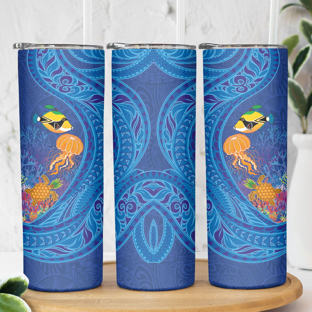 Hawaiian Funny Fruits Sea Animals Skinny Tumbler Mango Reef Triggerfish and Pineapple Turtle and Mandarin Jellyfish LT03 - Polynesian Pride