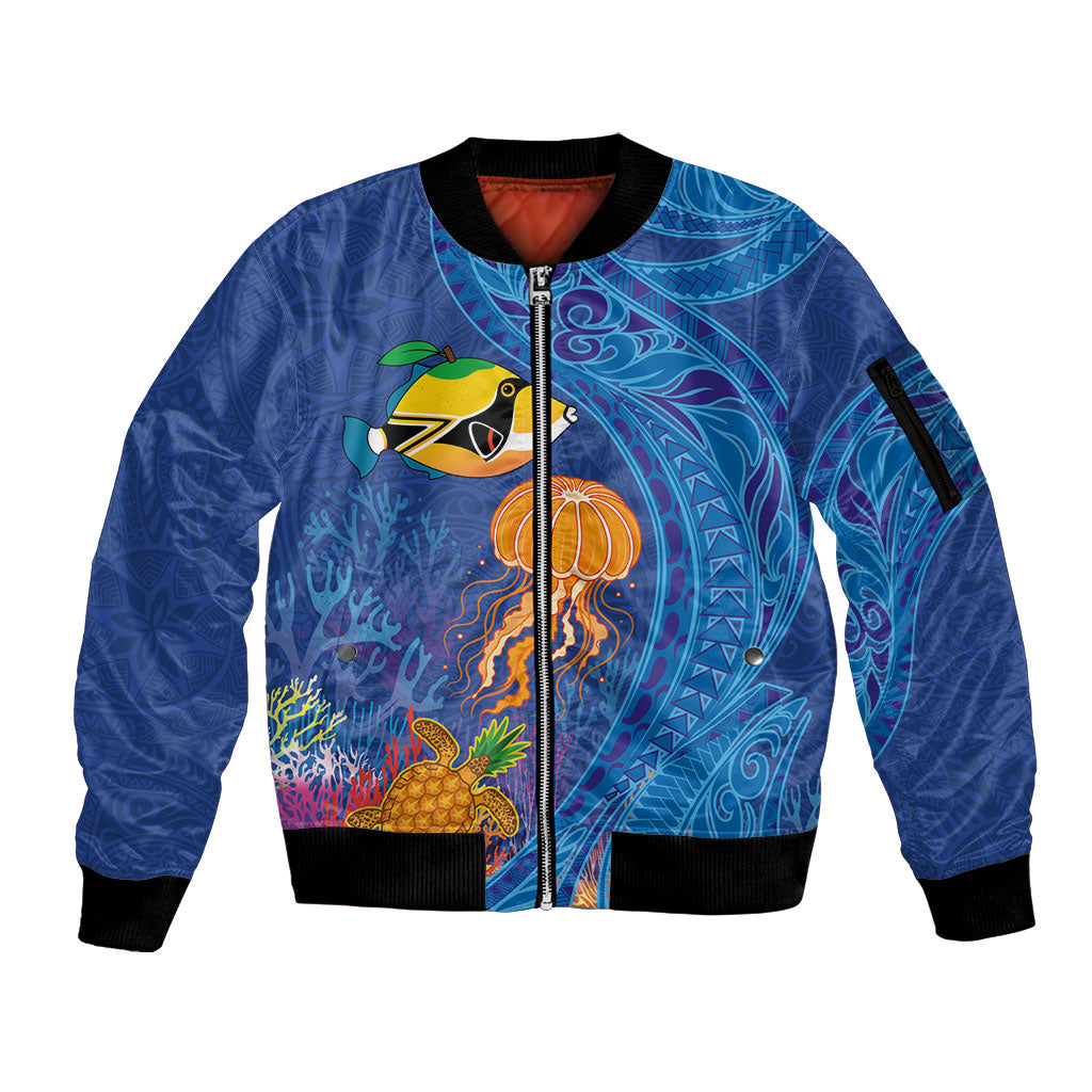 Hawaiian Funny Fruits Sea Animals Sleeve Zip Bomber Jacket Mango Reef Triggerfish and Pineapple Turtle and Mandarin Jellyfish