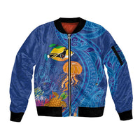 Hawaiian Funny Fruits Sea Animals Sleeve Zip Bomber Jacket Mango Reef Triggerfish and Pineapple Turtle and Mandarin Jellyfish LT03 Unisex Blue - Polynesian Pride
