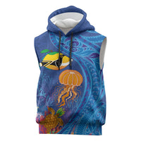 Hawaiian Funny Fruits Sea Animals Sleeveless Hoodie Mango Reef Triggerfish and Pineapple Turtle and Mandarin Jellyfish LT03 Blue - Polynesian Pride