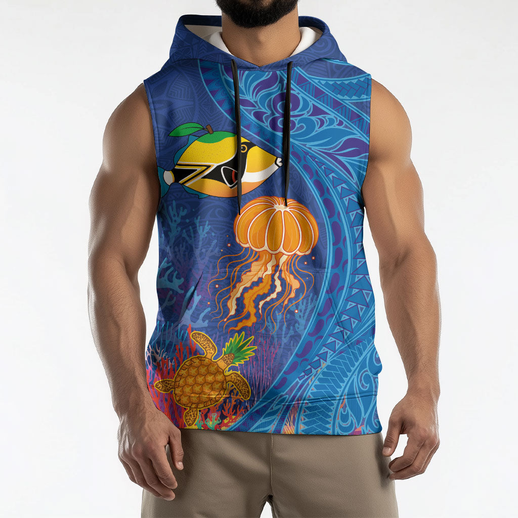 Hawaiian Funny Fruits Sea Animals Sleeveless Hoodie Mango Reef Triggerfish and Pineapple Turtle and Mandarin Jellyfish LT03 - Polynesian Pride