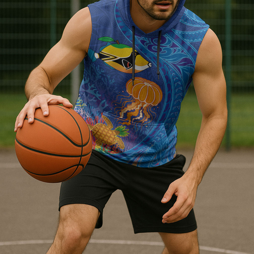 Hawaiian Funny Fruits Sea Animals Sleeveless Hoodie Mango Reef Triggerfish and Pineapple Turtle and Mandarin Jellyfish LT03 - Polynesian Pride