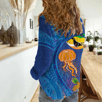 Hawaiian Funny Fruits Sea Animals Women Casual Shirt Mango Reef Triggerfish and Pineapple Turtle and Mandarin Jellyfish LT03 - Polynesian Pride