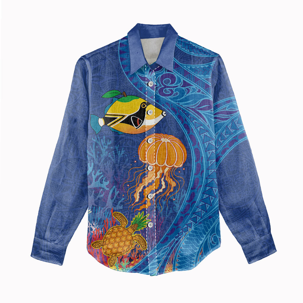 Hawaiian Funny Fruits Sea Animals Women Casual Shirt Mango Reef Triggerfish and Pineapple Turtle and Mandarin Jellyfish LT03 - Polynesian Pride