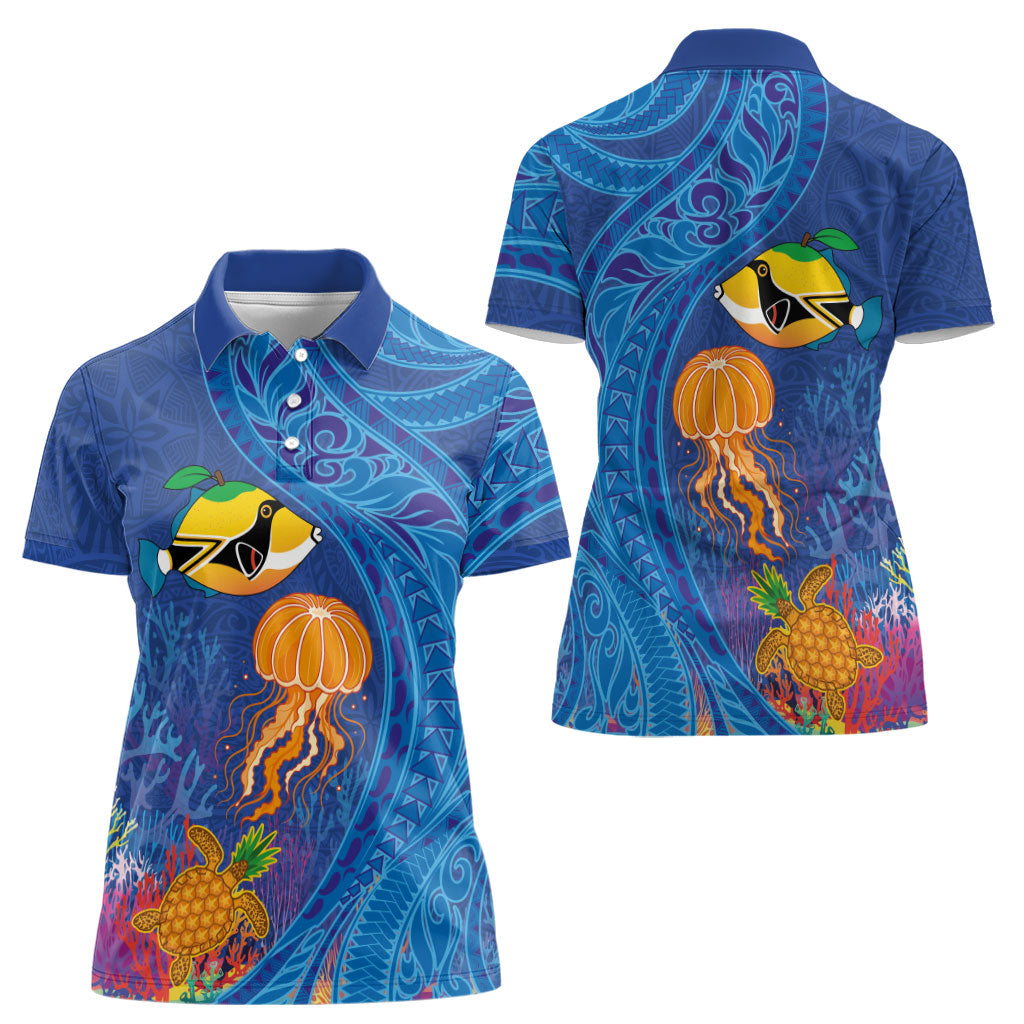 Hawaiian Funny Fruits Sea Animals Women Polo Shirt Mango Reef Triggerfish and Pineapple Turtle and Mandarin Jellyfish LT03 - Polynesian Pride