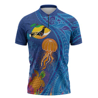 Hawaiian Funny Fruits Sea Animals Zipper Polo Shirt Mango Reef Triggerfish and Pineapple Turtle and Mandarin Jellyfish LT03 Blue - Polynesian Pride