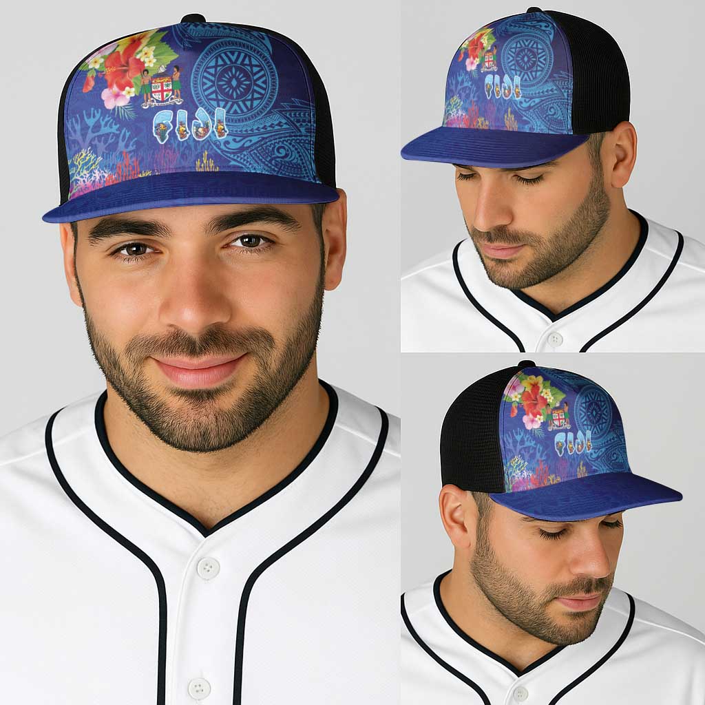Fiji Day Baseball Net Cap Coral Reef with Tapa Motifs and Hibiscus Ocean Vibe