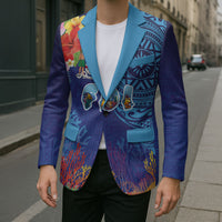 Fiji Day Blazer Coral Reef with Tapa Motifs and Hibiscus Ocean Vibe