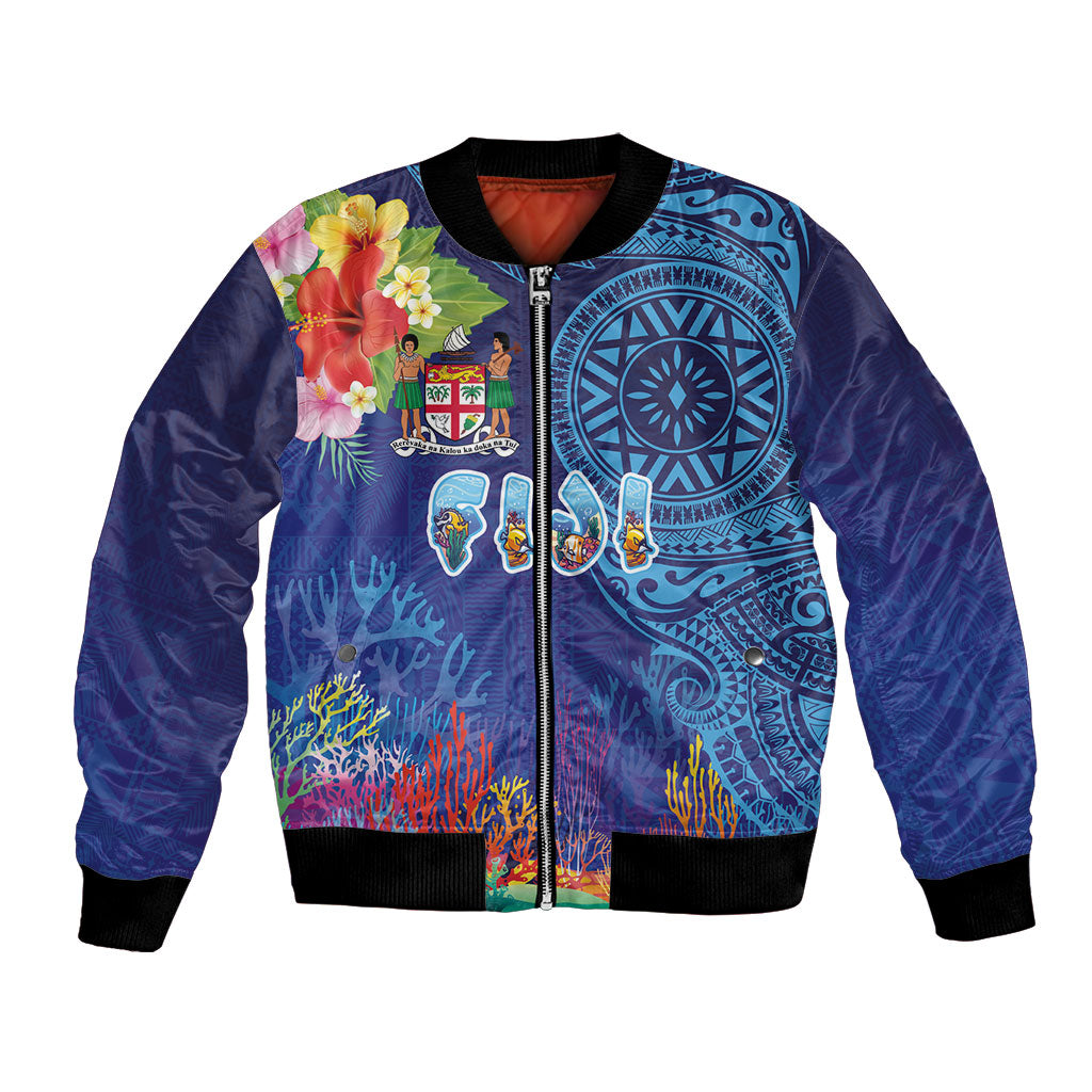 Fiji Day Bomber Jacket Coral Reef with Tapa Motifs and Hibiscus Ocean Vibe