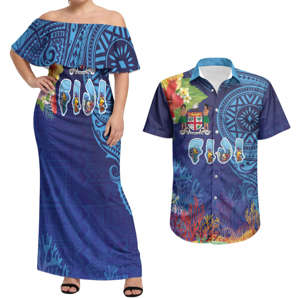 Fiji Day Couples Matching Off Shoulder Maxi Dress and Hawaiian Shirt Coral Reef with Tapa Motifs and Hibiscus Ocean Vibe LT03 Blue - Polynesian Pride