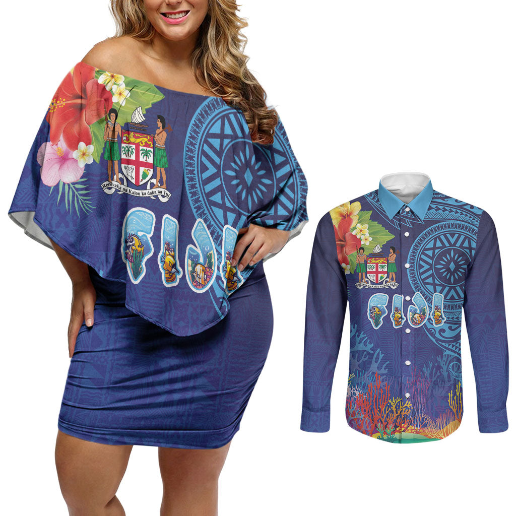Fiji Day Couples Matching Off Shoulder Short Dress and Long Sleeve Button Shirt Coral Reef with Tapa Motifs and Hibiscus Ocean Vibe LT03 Blue - Polynesian Pride