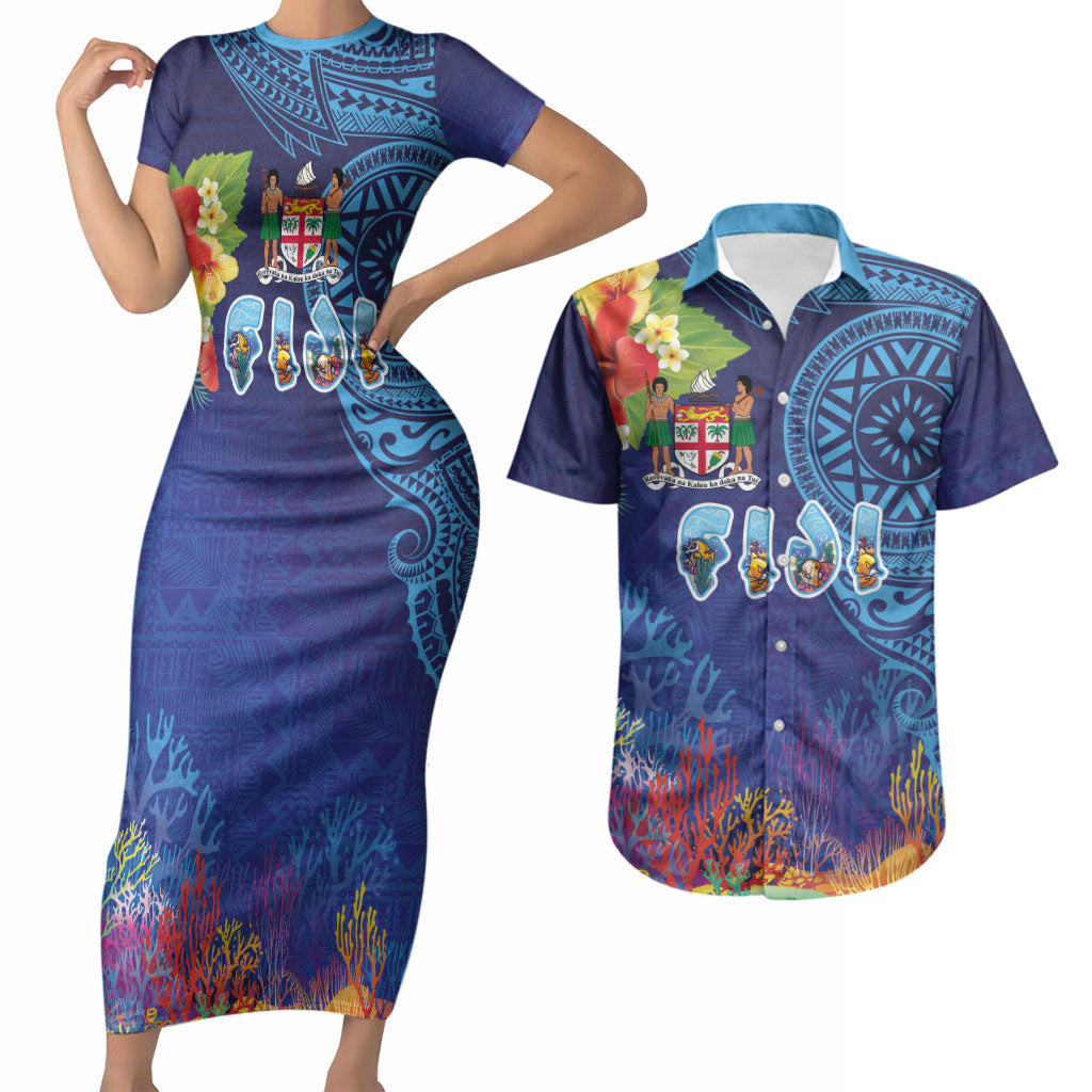 Fiji Day Couples Matching Short Sleeve Bodycon Dress and Hawaiian Shirt Coral Reef with Tapa Motifs and Hibiscus Ocean Vibe LT03 Blue - Polynesian Pride