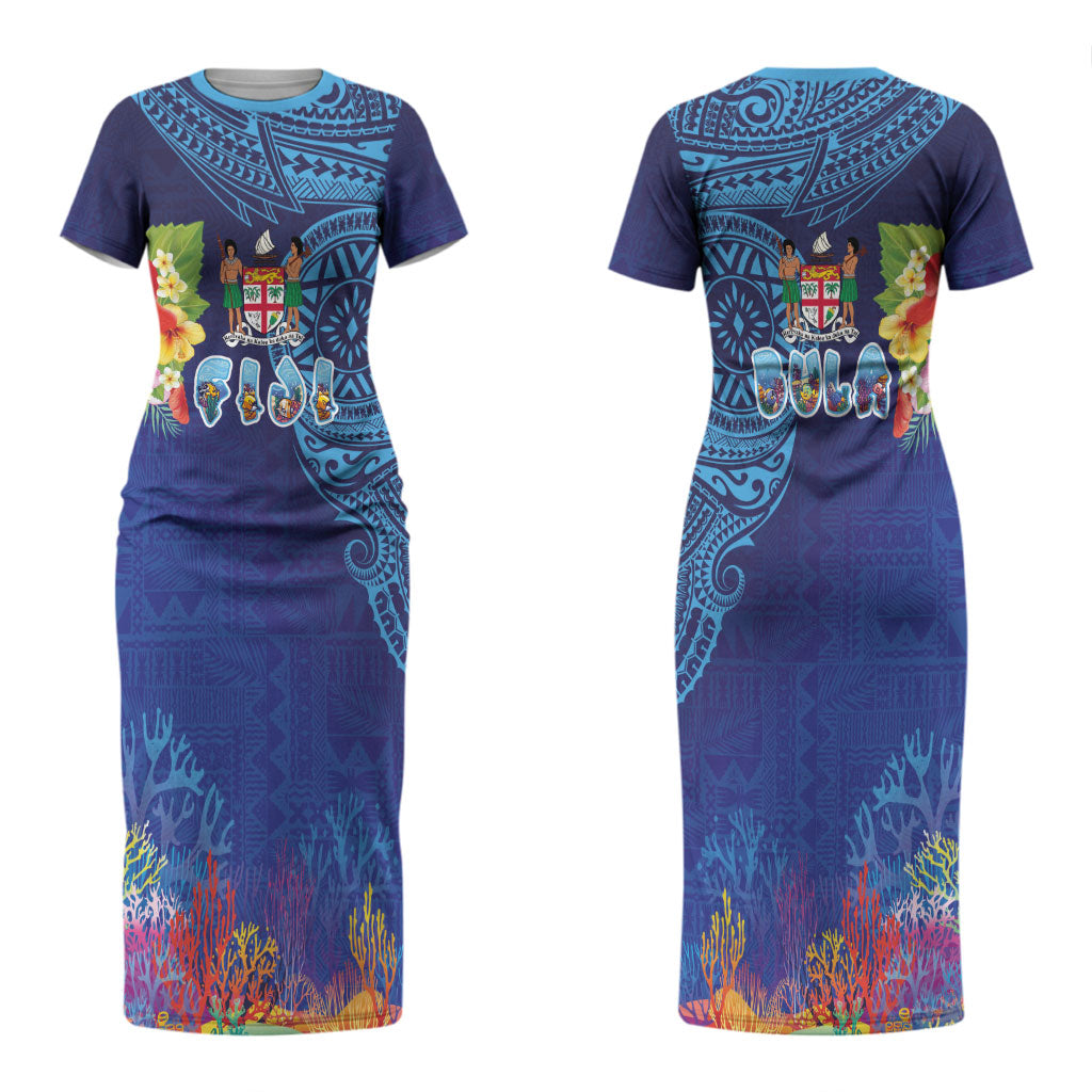 Fiji Day Couples Matching Short Sleeve Bodycon Dress and Hawaiian Shirt Coral Reef with Tapa Motifs and Hibiscus Ocean Vibe LT03 - Polynesian Pride