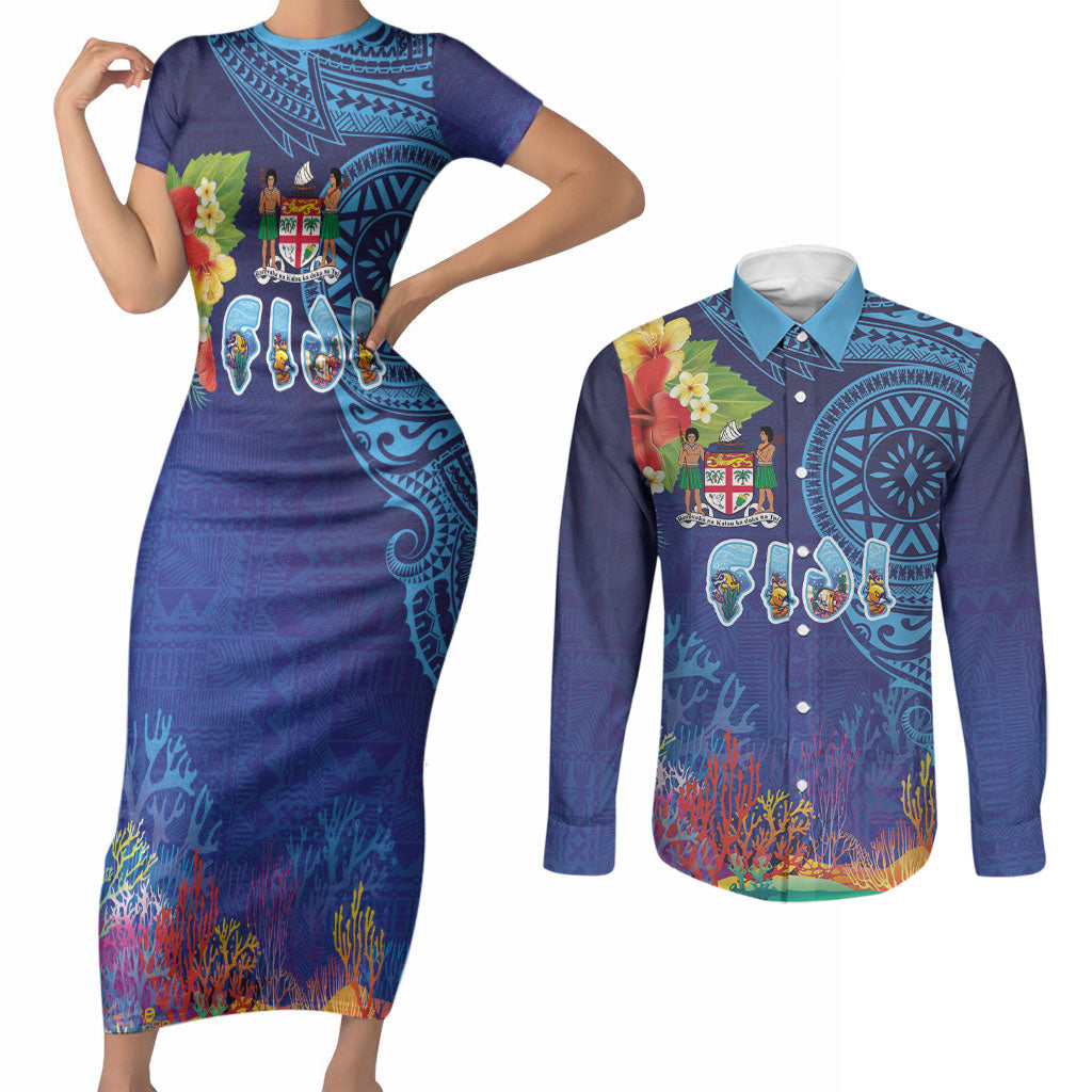 Fiji Day Couples Matching Short Sleeve Bodycon Dress and Long Sleeve Button Shirt Coral Reef with Tapa Motifs and Hibiscus Ocean Vibe LT03 Blue - Polynesian Pride