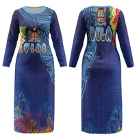 Fiji Day Family Matching Long Sleeve Bodycon Dress and Hawaiian Shirt Coral Reef with Tapa Motifs and Hibiscus Ocean Vibe LT03 Mom's Dress Blue - Polynesian Pride