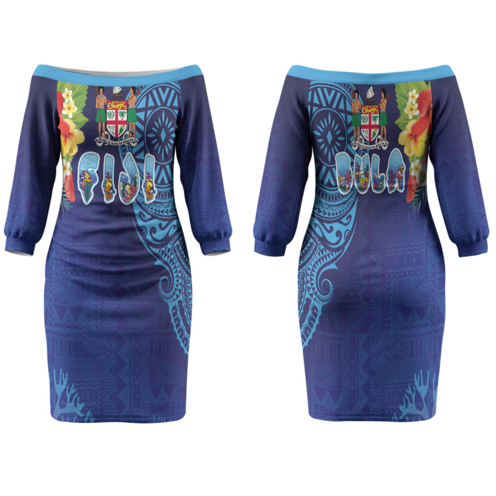 Fiji Day Family Matching Off The Shoulder Long Sleeve Dress and Hawaiian Shirt Coral Reef with Tapa Motifs and Hibiscus Ocean Vibe LT03 Mom's Dress Blue - Polynesian Pride
