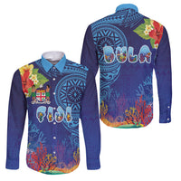 Fiji Day Family Matching Off The Shoulder Long Sleeve Dress and Hawaiian Shirt Coral Reef with Tapa Motifs and Hibiscus Ocean Vibe LT03 Dad's Shirt - Long Sleeve Blue - Polynesian Pride