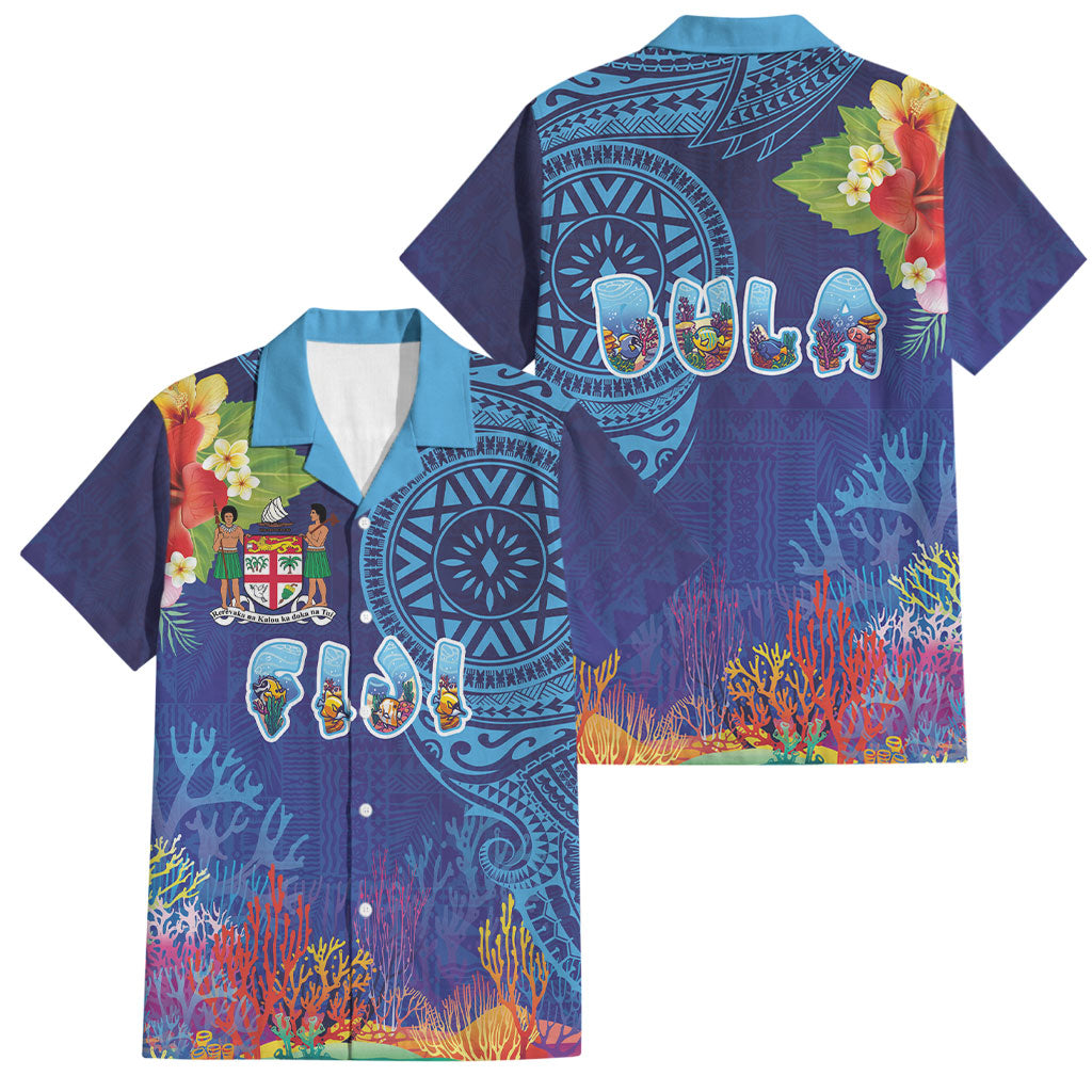 Fiji Day Family Matching Off Shoulder Maxi Dress and Hawaiian Shirt Coral Reef with Tapa Motifs and Hibiscus Ocean Vibe LT03 Dad's Shirt - Short Sleeve Blue - Polynesian Pride