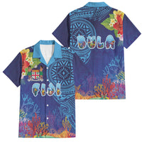 Fiji Day Family Matching Off Shoulder Short Dress and Hawaiian Shirt Coral Reef with Tapa Motifs and Hibiscus Ocean Vibe LT03 Dad's Shirt - Short Sleeve Blue - Polynesian Pride