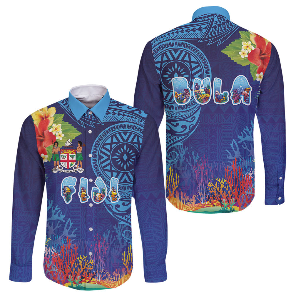 Fiji Day Family Matching Off Shoulder Short Dress and Hawaiian Shirt Coral Reef with Tapa Motifs and Hibiscus Ocean Vibe LT03 Dad's Shirt - Long Sleeve Blue - Polynesian Pride