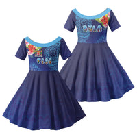 Fiji Day Family Matching Off Shoulder Short Dress and Hawaiian Shirt Coral Reef with Tapa Motifs and Hibiscus Ocean Vibe LT03 Daughter's Dress Blue - Polynesian Pride