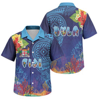 Fiji Day Family Matching Off Shoulder Short Dress and Hawaiian Shirt Coral Reef with Tapa Motifs and Hibiscus Ocean Vibe LT03 Son's Shirt Blue - Polynesian Pride