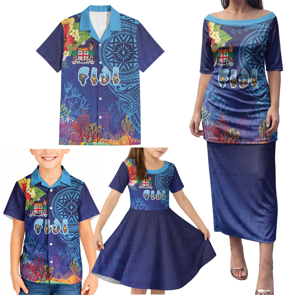 Fiji Day Family Matching Puletasi and Hawaiian Shirt Coral Reef with Tapa Motifs and Hibiscus Ocean Vibe LT03 - Polynesian Pride